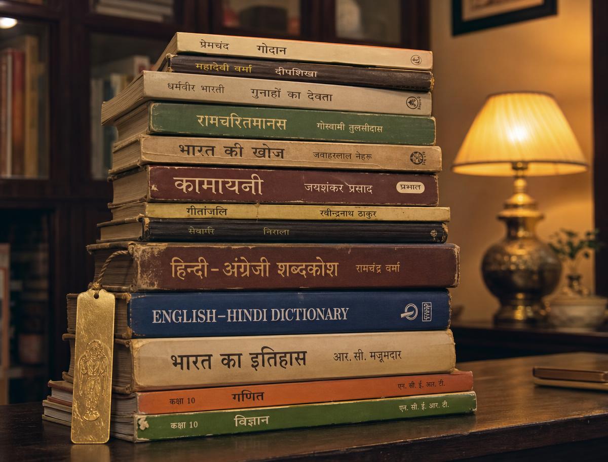 A stack of leather-bound books with gold-foiled spines on cream linen